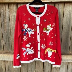 Vintage ALL POINTS ramie/cotton red Cardigan SWEATER Size Large red snowman